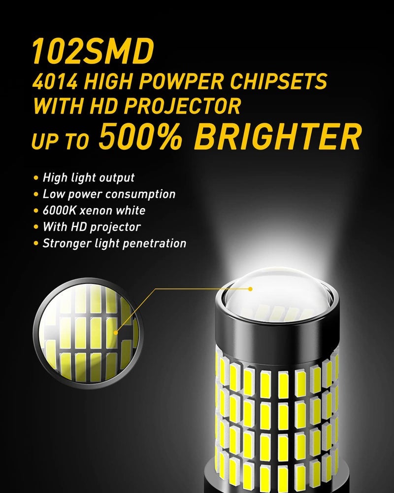 AUXITO 7440 7443 LED Bulb, 102-SMD Chipsets 500% Bright 7441 7444 992 W21W LED Bulbs with Projector for Reverse Tail Brake Signal Back Up Parking Lights, 6000K White - Image 1